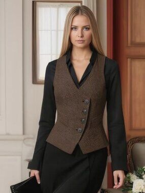JTDress Brown Herringbone Women's Tailored Vest -  Classic Waistcoat